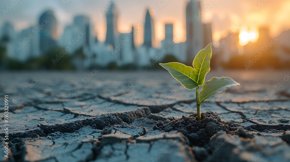 Little plant in dried cracked mud against a background of city skyline.