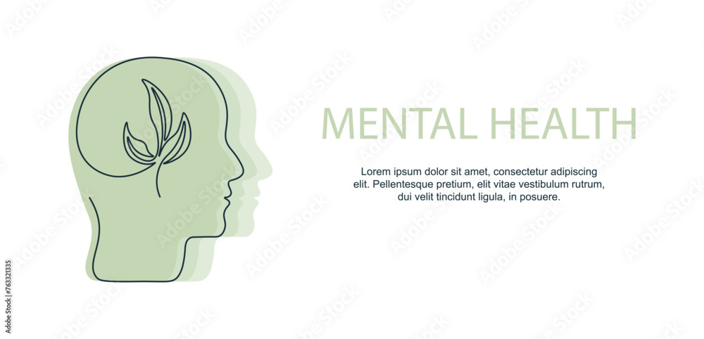 Mental health concept. Banner with place for text. Plant is inside human head in single continuous line. Mental Health Day. Simple illustration on white background.
