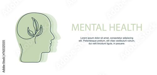 Mental health concept. Banner with place for text. Plant is inside human head in single continuous line. Mental Health Day. Simple illustration on white background.
