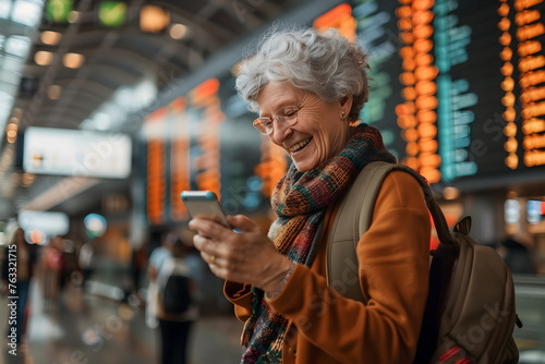 old woman use mobile phone on an airport terminal display background photo