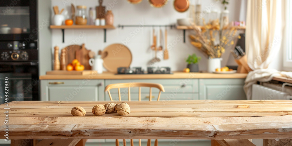 A wide table in a kitchen - mockup stage design for products