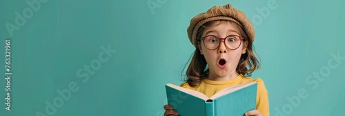 surprised or impressed girl in glasses holding open book against green background, close up portrait, studio shot. kid has read amazing information from book, facial expression, panoramic photo