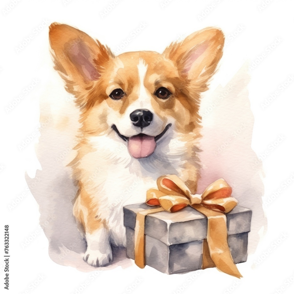 Pembroke welsh corgi dog with birthday present gift box watercolor illustration. Cute pet, animal painting