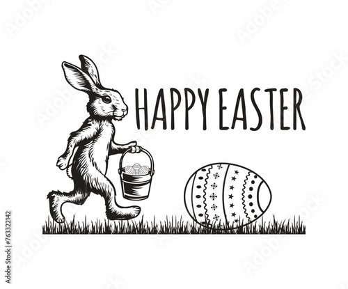 Easter bunny holding a bucket filled with eggs, ready for an exciting egg hunt.