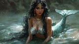 Beautiful indian mermaid with long black hair in the water.