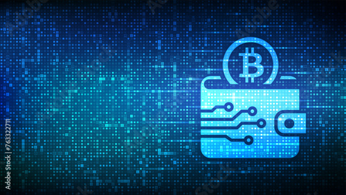 Crypto Wallet icon with Bitcoin made with binary code. Digital Cryptocurrency wallet. Mobile banking, online finance, blockchain banner. Binary code background with digits 1.0. Vector Illustration.