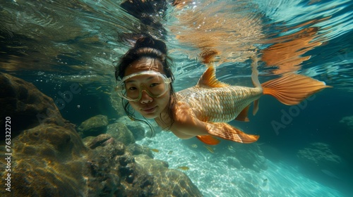 Surreal asian woman fish head snorkeling underwater in tropical sea.