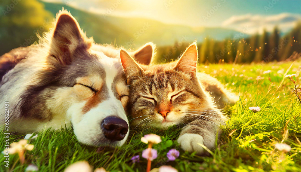 Closeup of a dog and a cat sleeping chilling relaxing together on a fresh green spring or summer meadow, illuminated by the sun. Generative Ai. - obrazy, fototapety, plakaty 