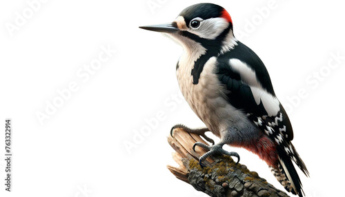 A photorealistic woodpecker perched on a branch, showcasing detailed plumage, distinctive markings, and alert posture. isolated