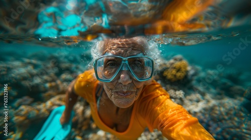 Elderly woman snorkeling underwater in the tropical sea