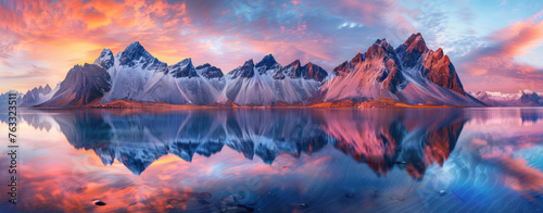 Stokksnes, vestrahorn mountains reflecting in the water, colorful sky, panorama photo