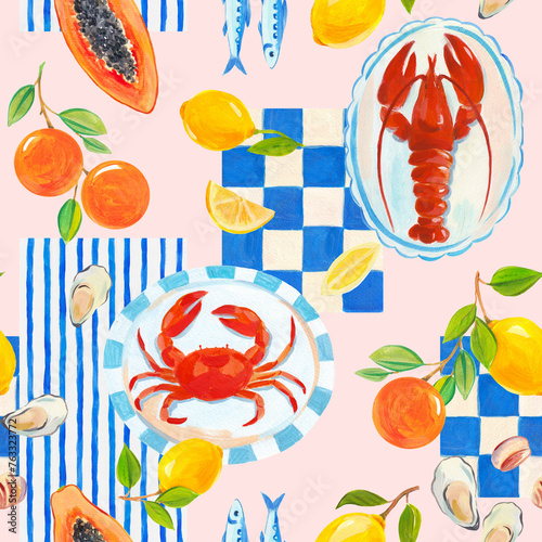 Beautiful seamless Summer Vacation Seamless pattern. Greek pattern with sardines, lemon, oysters, mussels, papaya, lobster and crab. Mediterranean bright print. Greek style. © zenina
