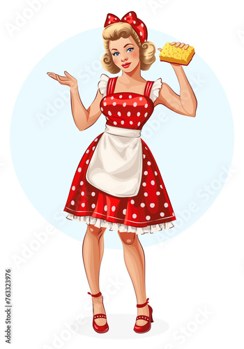 Full-length portrait of a girl on a white background. Pin up. Blonde in a red dress with polka dots, housewife with a sponge in her hand