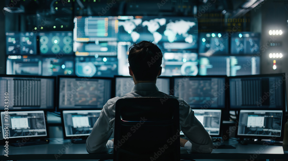 Back View of Teenage Hacker Working in Computer and Infecting with Virus Data Servers of Government Infrastructures. His Hideout is Dark with Many Monitors Around. Back View of Teenage Hacker Working in Computer and Infecting with Virus Data Servers of Government Infrastructures. His Hideout is Dark with Many Monitors Around.
