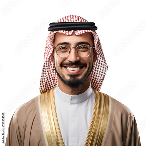 Teacher with Glasses, Dressed in Traditional Arabic Garb, Featured in a Half Body Portrait, Isolated on Transparent Background, PNG