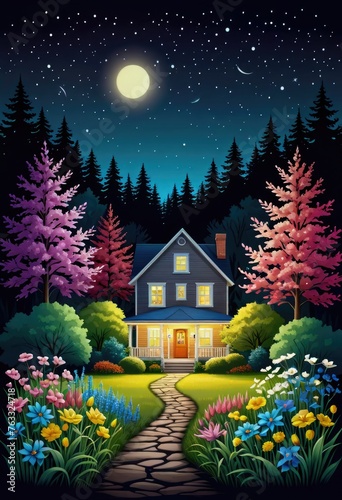 night scene with house and trees