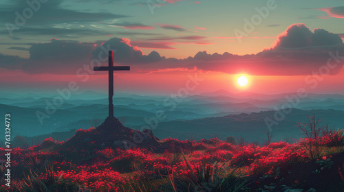 Christian cross, sky and religious symbol on hill or landscape for praying, ritual and spiritual worship. Backgrounds, believe and crucifix in nature for religion, sacrifice and christianity or faith