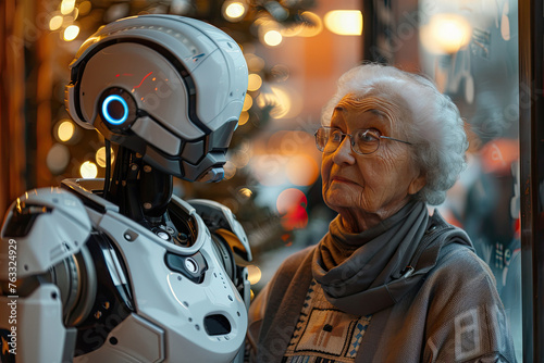An android robot advises an elderly woman.
