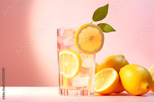 Glass of lemonade with ice cubes and lemons isolated on gradient yellow and pink background