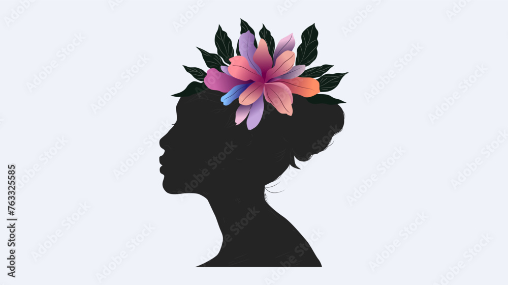 silhouette woman's head with blooming flowers in her hair. silhouette of a woman with flower accessories on her head. silhouette of woman side view. can be an element of celebrating World Women's Day