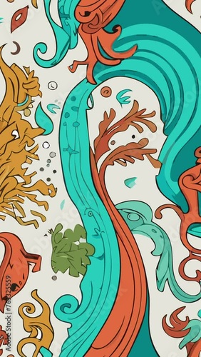 Wave and Fish Pattern. Loop Background Animation
