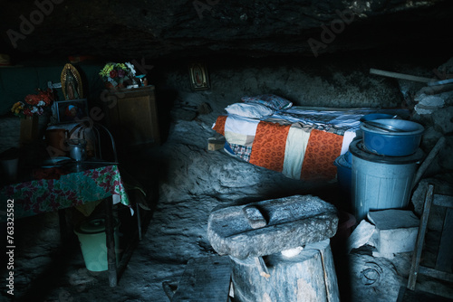 inside a cave where indigenous mexican people from raramuri community live, bear creel chihuahua state  photo