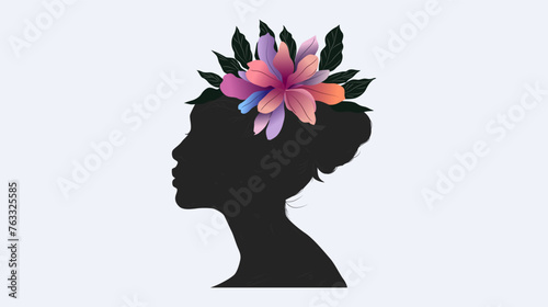 silhouette woman's head with blooming flowers in her hair. silhouette of a woman with flower accessories on her head. silhouette of woman side view. can be an element of celebrating World Women's Day © DaksaDesain