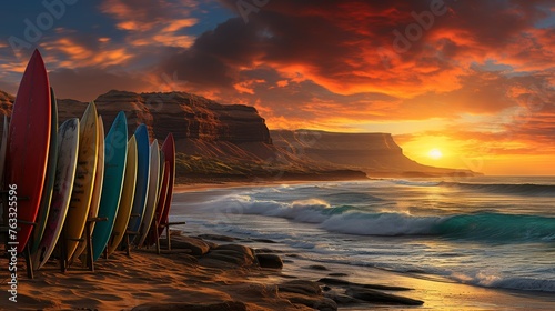 Capture a stunning panoramic view of surfboards lined up on the sun kissed beach, creating a captivating banner image.