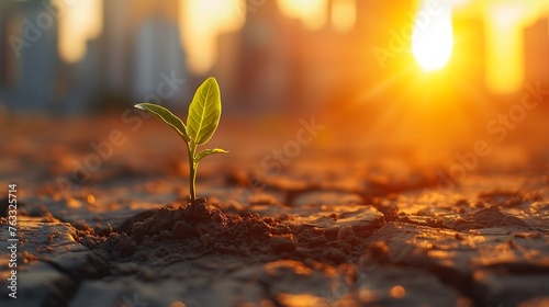 Little plant in dried cracked mud against a background of city skyline.