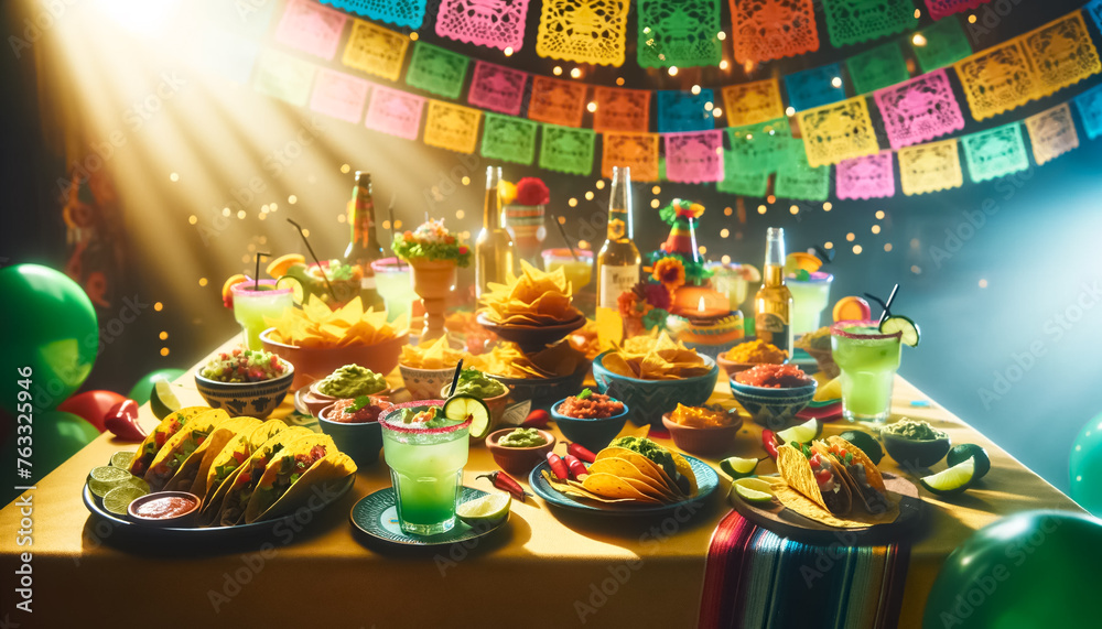 Festive Table Bursting with Color Under Vibrant Papel Picado