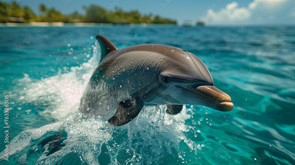 Fototapeta premium portrait of one dolphin breaching the water's surface with tropical island in the background ,generative ai