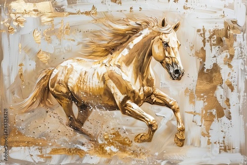 Abstract Oil Painting of Gold Horse on Canvas, Modern Wall Art with Paint Spots and Strokes