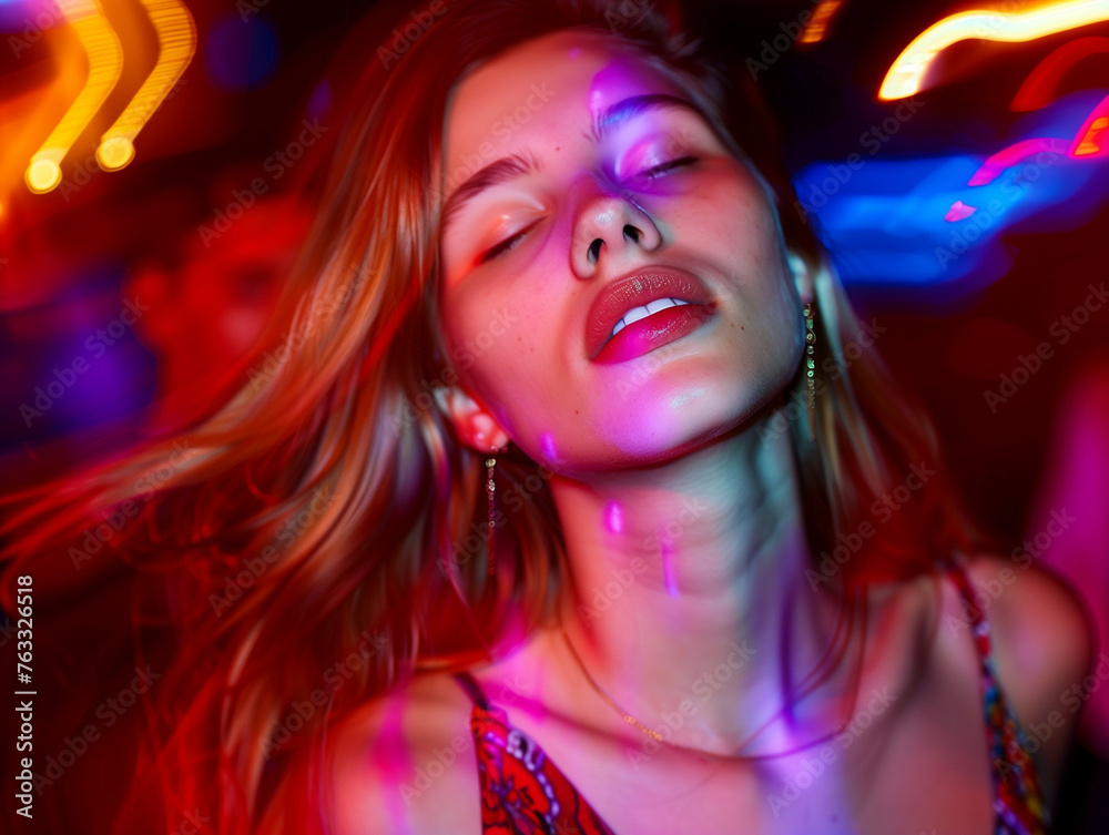 Captivating girl at club party, bathed in the glow of disco lights Captivating girl at club party, bathed in the glow of disco lights