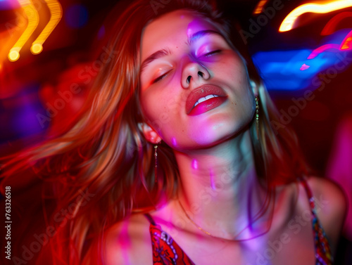 Captivating girl at club party, bathed in the glow of disco lights