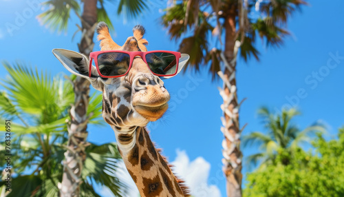 giraffe in sunglasses against a background of blue sky and green palm trees while resting by AI generated image
