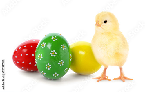 Happy Easter. Cute chick and painted eggs isolated on white