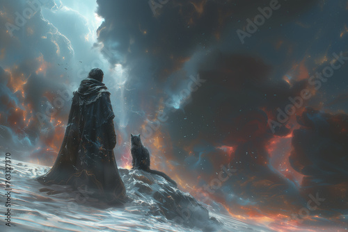 Man in cloak stands atop rock in the vast ocean with clouds around him