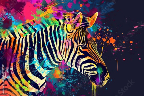 Colorful abstract zebra art  vibrant splattered paint background  digital illustration