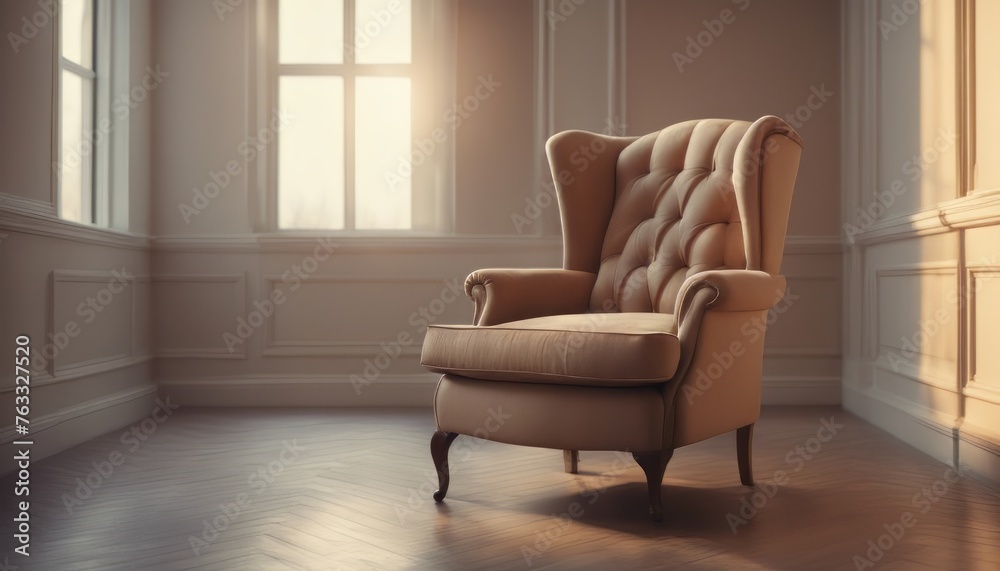 Classic English armchair on the background of an empty wall. Sunset light on the wall Classic English armchair on the background of an empty wall. Sunset light on the wall