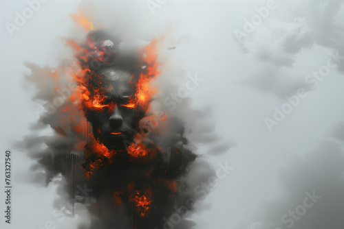 Digital painting silhouette of man with fire emanating from his face in stylized artistic interpretation