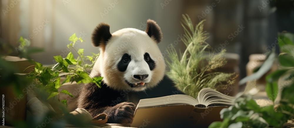 Obraz premium view panda reading book, learning concept