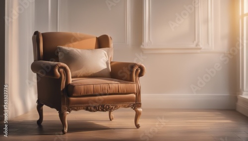 Classic English armchair on the background of an empty wall. Sunset light on the wall