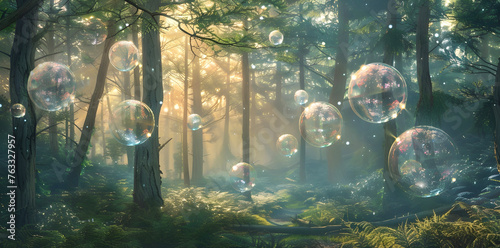 Floating light orbs and fantasy  woodland - beautiful sunlit forest scene with orange sun rays and large floating transparent bubbles ideal for a fantasy spiritual theme and copy space for text
