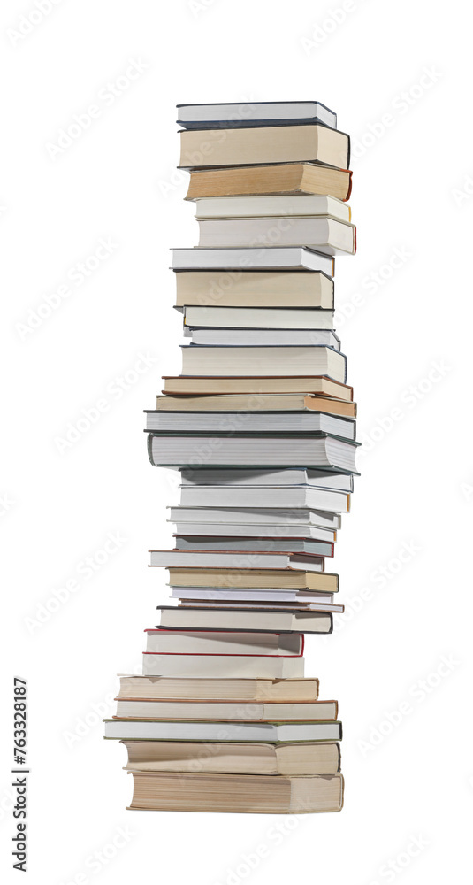 High stack of many different books isolated on white High stack of many different books isolated on white