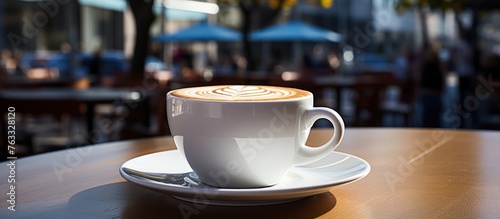Fototapeta Naklejka Na Ścianę i Meble -  White cup of coffee on table in outdoors cafe with blurred city street background, Morning coffe