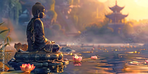 Stone statue of Buddha  meditating sitting surrounded by a water lily lake looking out across a misty golden lit evening towards a temple in the background and space for copy
