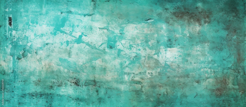 Fototapeta premium A close up of a green wall with a fluid aqua pattern resembling liquid art. The electric blue grunge texture showcases waterlike transparency and symmetry