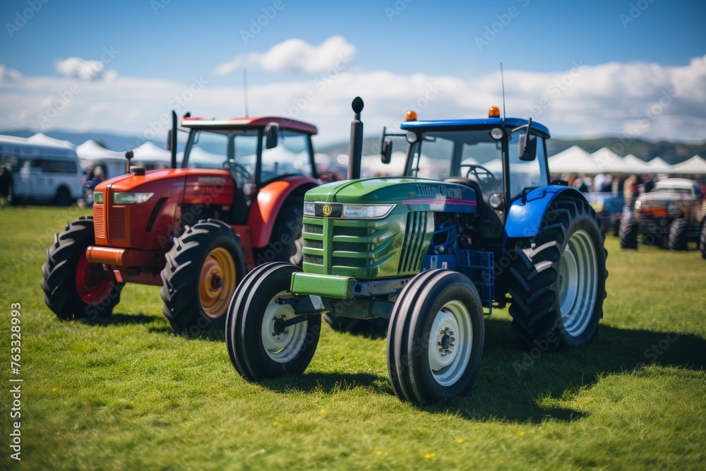 A modern tractor equipped with advanced technology navigating through a lush field, showcasing the integration of neural network systems to improve agricultural efficiency. A modern tractor equipped with advanced technology navigating through a lush field, showcasing the integration of neural network systems to improve agricultural efficiency.