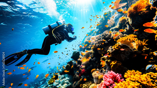 Scuba diver exploring a colorful coral reef with fish and sea life, sunlight filtering through the water in a clear blue ocean background.