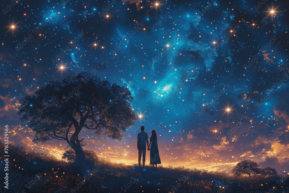 Couple standing under tree under night sky